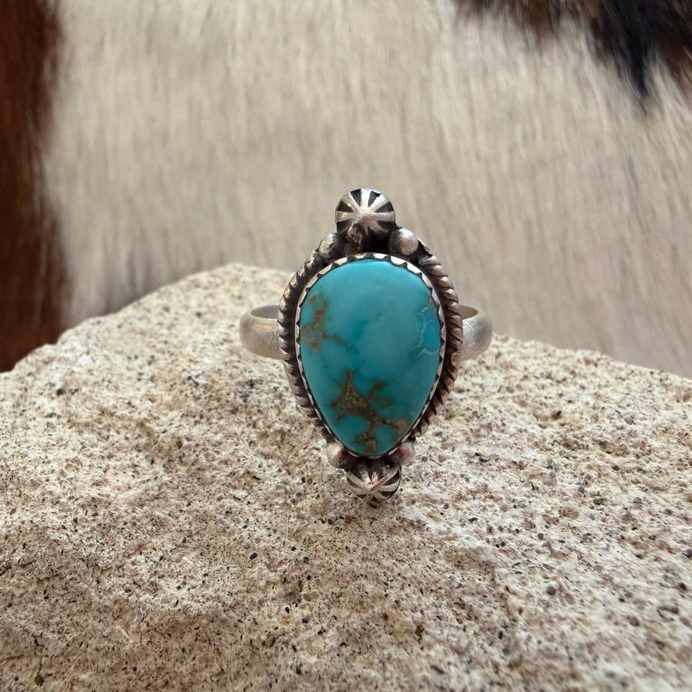 ❤️ Lone Mountain Turquoise Navajo Style Sterling Unisex ADJ Ring Sz 6 to 9